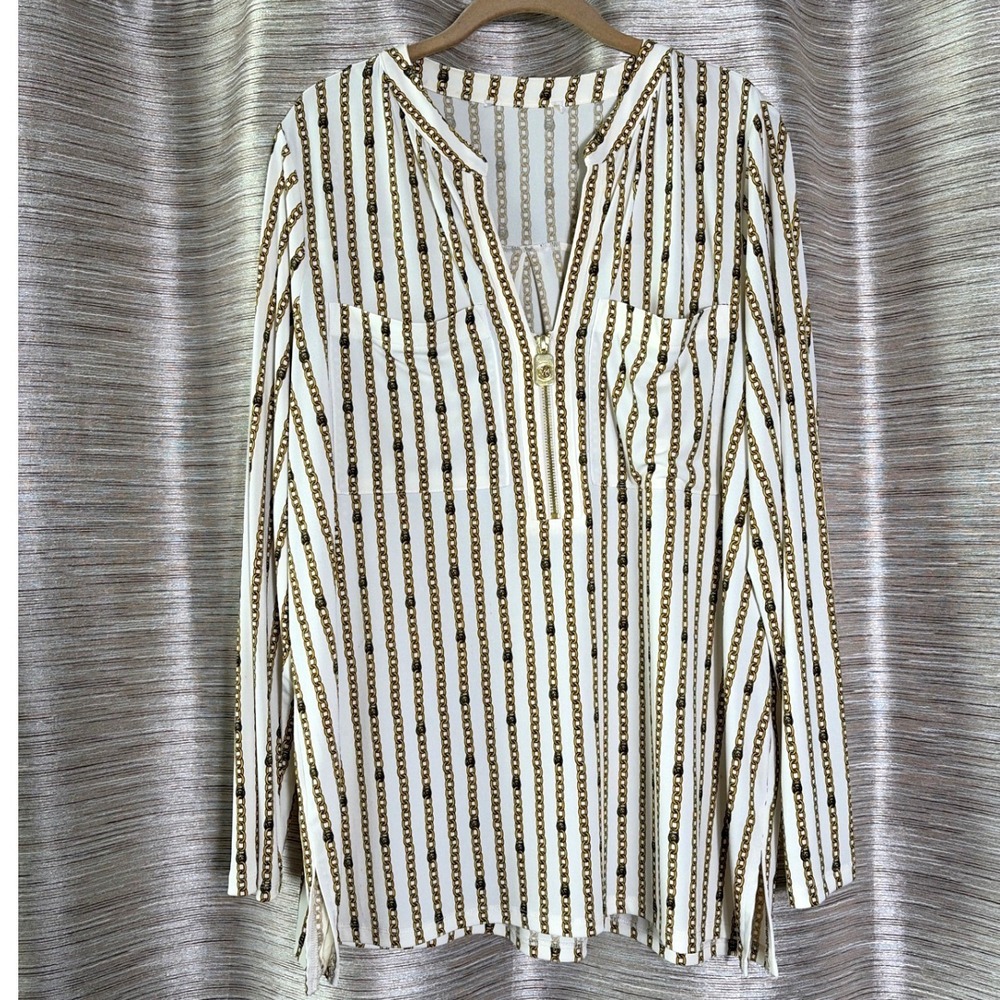 Michael Kors Womens XL White Gold Chain Stripe Zip V-Neck Long Sleeve Blouse Top